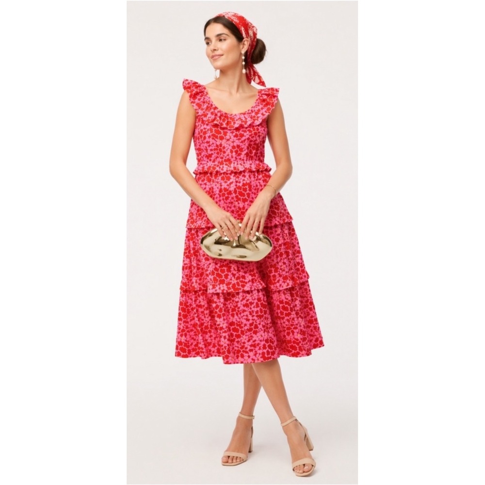 J.Crew Pink Red Floral Clip Dot Ruffle Tiered‎ Midi Dress Size 14 Sleeveless
